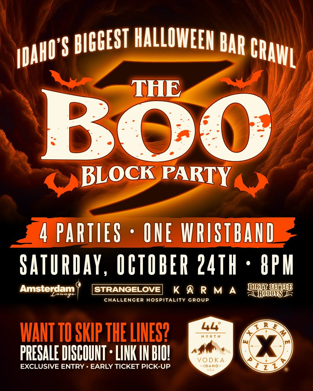 poster for the Boo 3 halloween bar crawl and block party in downtown boise idaho at Amsterdam Lounge, Karma, Dirty Little Roddy's, and StrangeLove